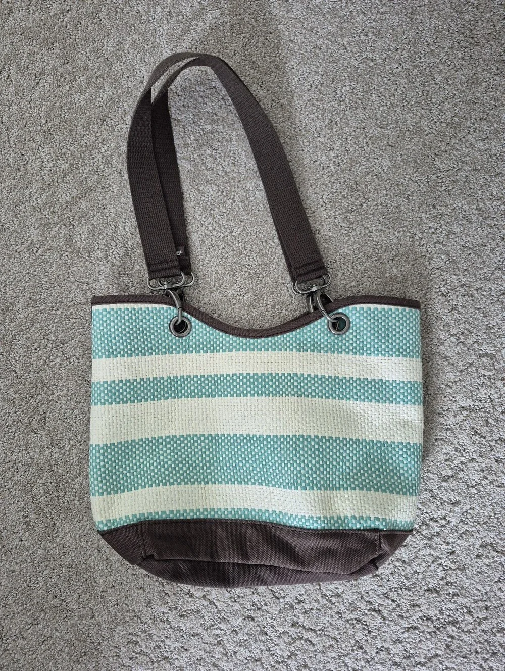Striped Aqua and Cream Tote Bag with Brown Accents